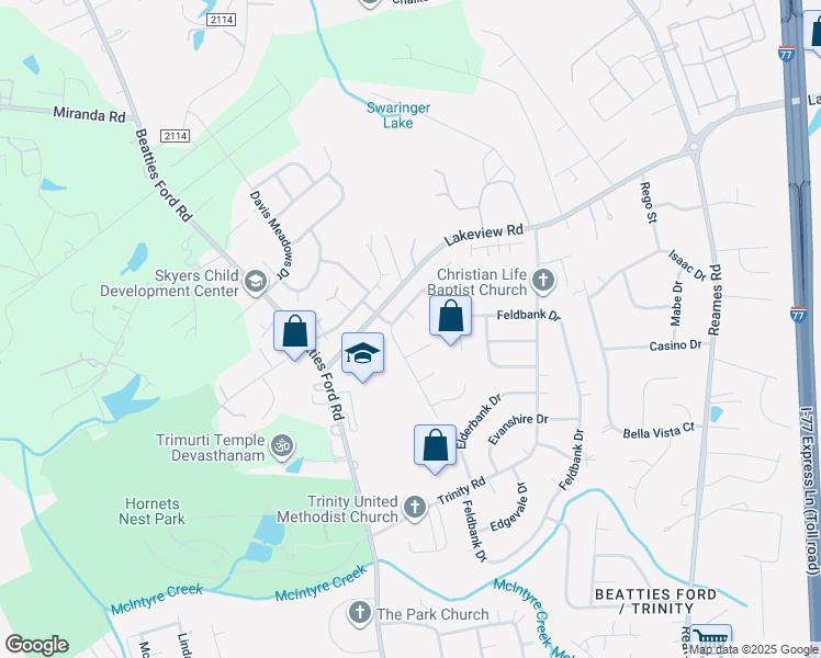 map of restaurants, bars, coffee shops, grocery stores, and more near 9709 Emily Lane in Charlotte