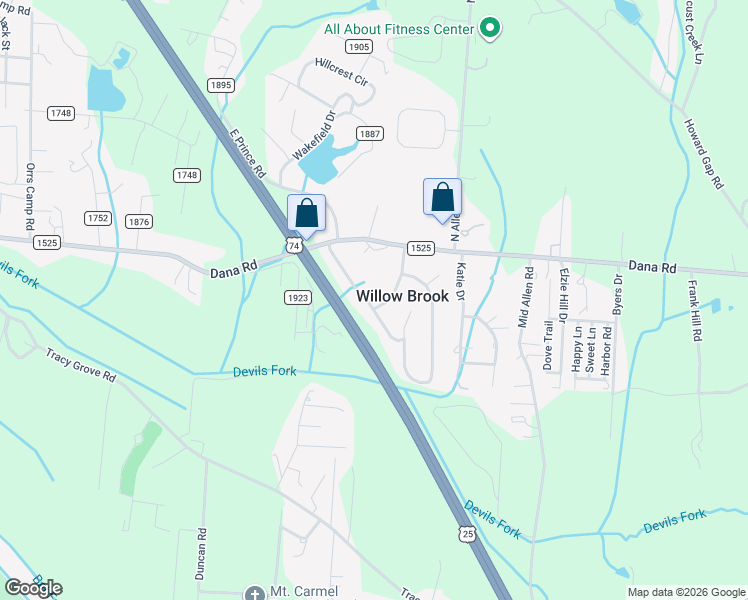 map of restaurants, bars, coffee shops, grocery stores, and more near 133 Willow Brook Road in Hendersonville