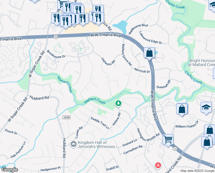 map of restaurants, bars, coffee shops, grocery stores, and more near 5721 Maylandia Road in Charlotte