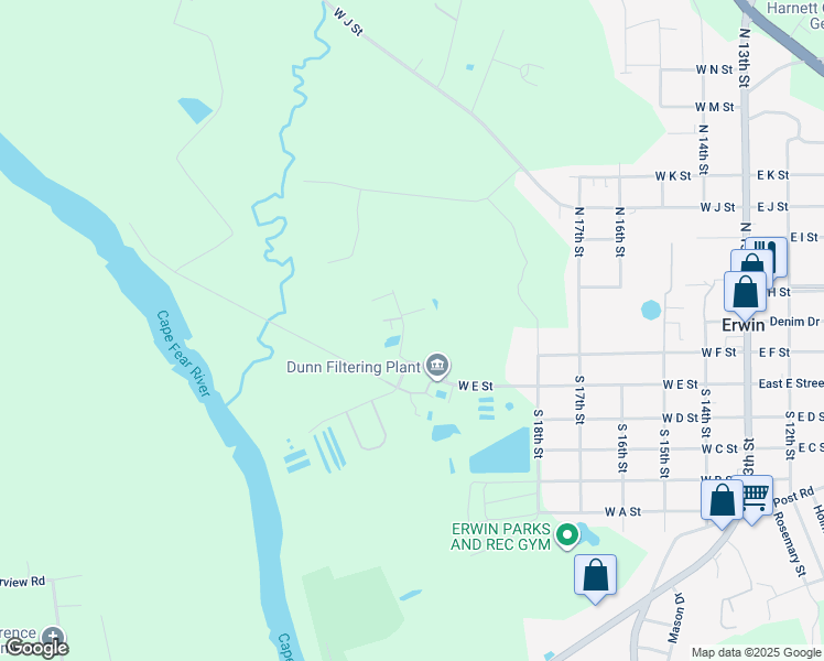 map of restaurants, bars, coffee shops, grocery stores, and more near Iris Bryant Road in Erwin