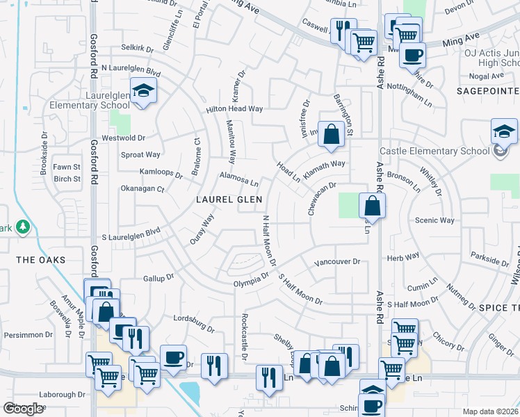map of restaurants, bars, coffee shops, grocery stores, and more near 3108 Boulder Lane in Bakersfield