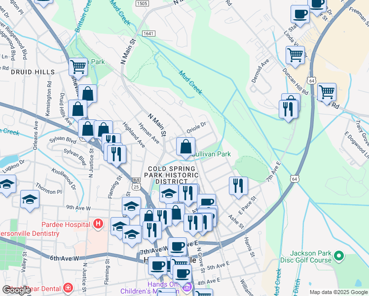 map of restaurants, bars, coffee shops, grocery stores, and more near 628 Edgewood Avenue in Hendersonville