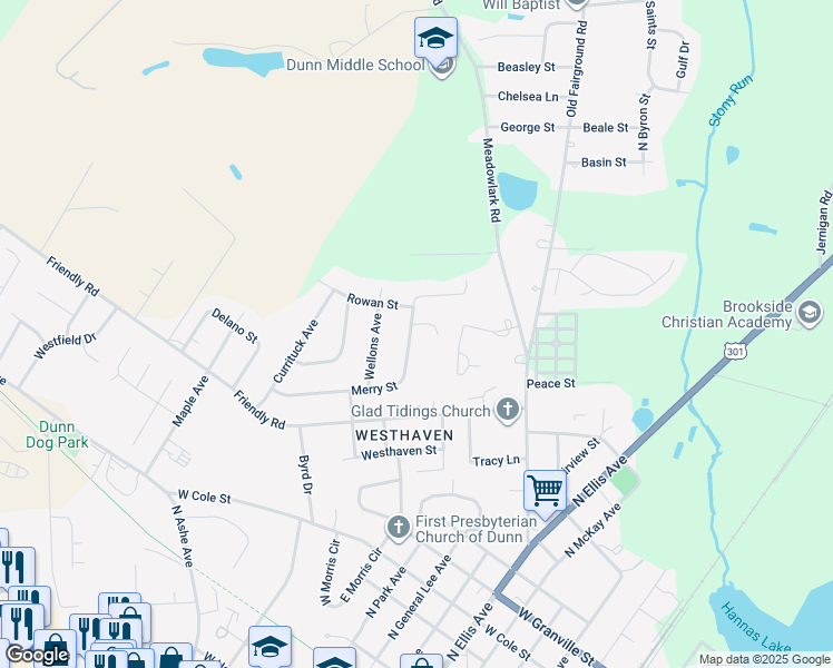 map of restaurants, bars, coffee shops, grocery stores, and more near 901 Merry Street in Dunn