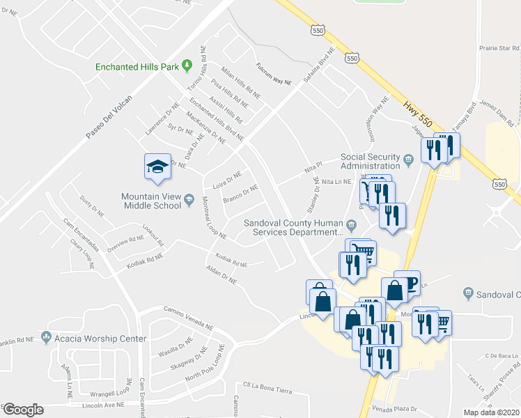 map of restaurants, bars, coffee shops, grocery stores, and more near 7428 Aldan Drive Northeast in Rio Rancho
