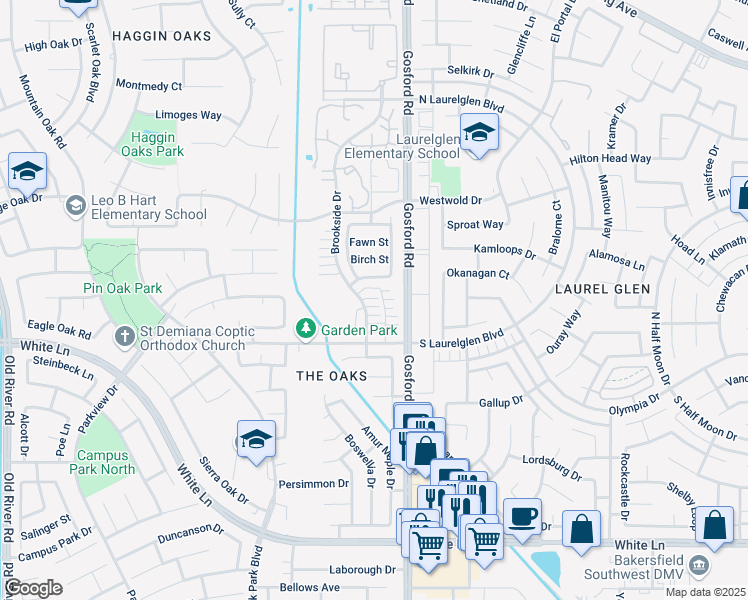map of restaurants, bars, coffee shops, grocery stores, and more near 3106 Brookside Drive in Bakersfield