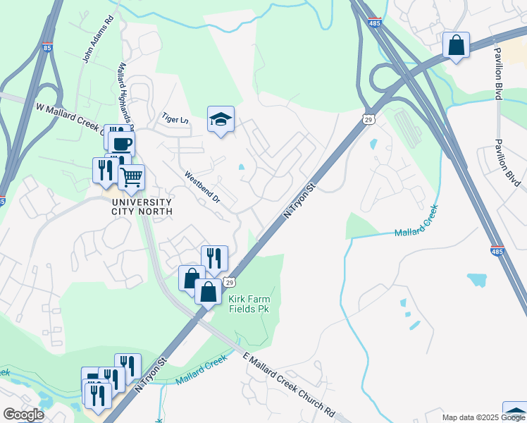 map of restaurants, bars, coffee shops, grocery stores, and more near 104 Heritage Pointe Road in Charlotte