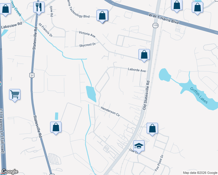 map of restaurants, bars, coffee shops, grocery stores, and more near 7519 Lena Claire Street in Charlotte