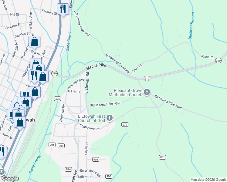 map of restaurants, bars, coffee shops, grocery stores, and more near 120 County Road 493 in Etowah