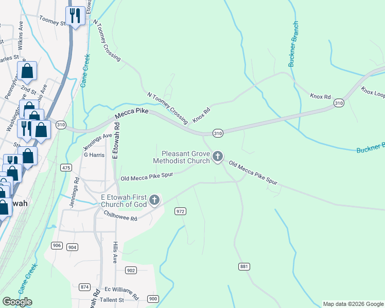 map of restaurants, bars, coffee shops, grocery stores, and more near 250 County Road 475 in Etowah