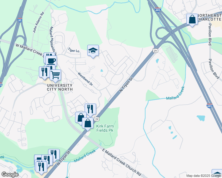 map of restaurants, bars, coffee shops, grocery stores, and more near 100 Heritage Pointe Road in Charlotte