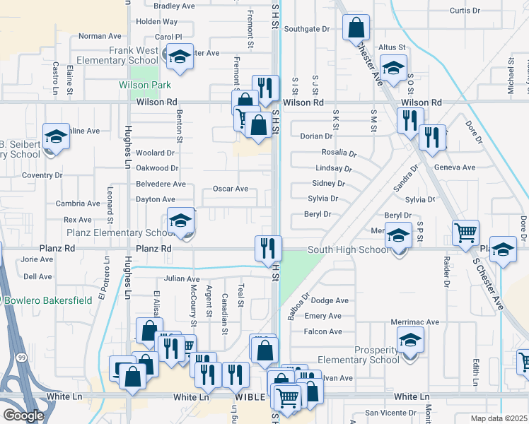 map of restaurants, bars, coffee shops, grocery stores, and more near 1801 Lacey Street in Bakersfield