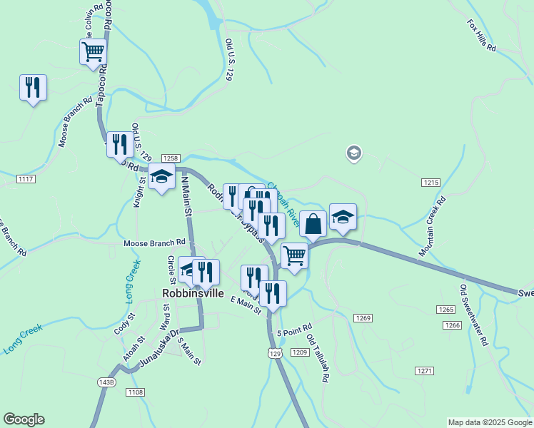 map of restaurants, bars, coffee shops, grocery stores, and more near 382 Rodney Orr Bypass in Robbinsville