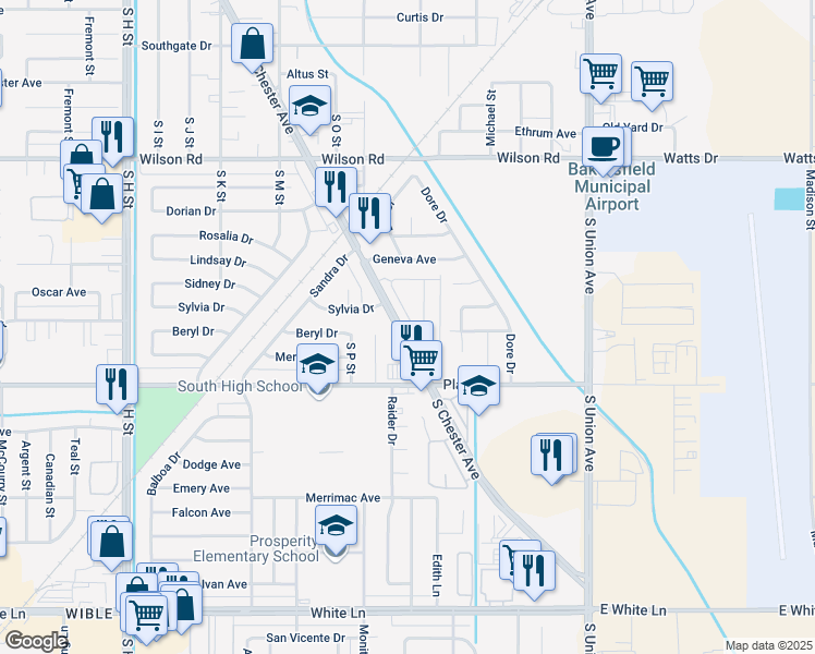 map of restaurants, bars, coffee shops, grocery stores, and more near 3000 South Chester Avenue in Bakersfield