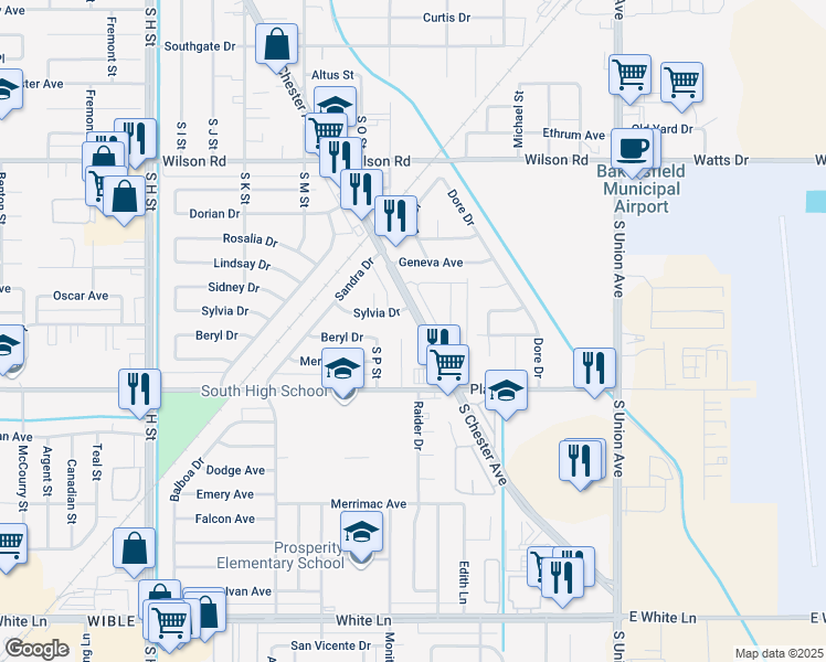 map of restaurants, bars, coffee shops, grocery stores, and more near 3117 Parkland Court in Bakersfield