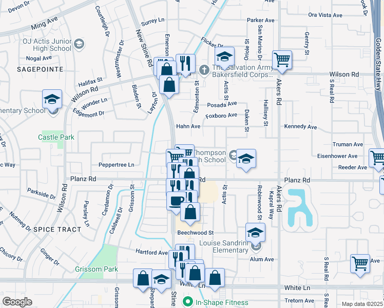 map of restaurants, bars, coffee shops, grocery stores, and more near 3104 Edmonton Street in Bakersfield