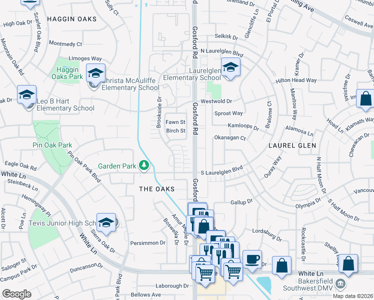 map of restaurants, bars, coffee shops, grocery stores, and more near 3108 Brookfield Loop in Bakersfield
