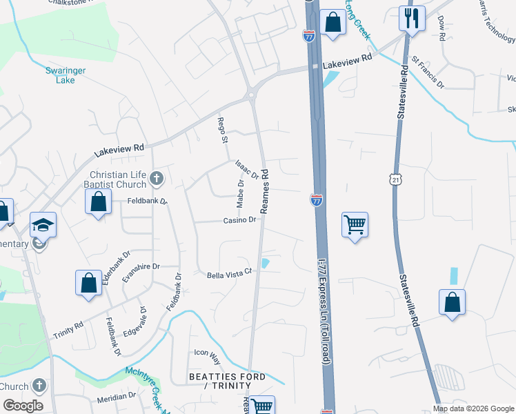 map of restaurants, bars, coffee shops, grocery stores, and more near 8109 Reames Road in Charlotte