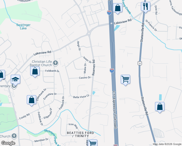 map of restaurants, bars, coffee shops, grocery stores, and more near 8109 Reames Road in Charlotte