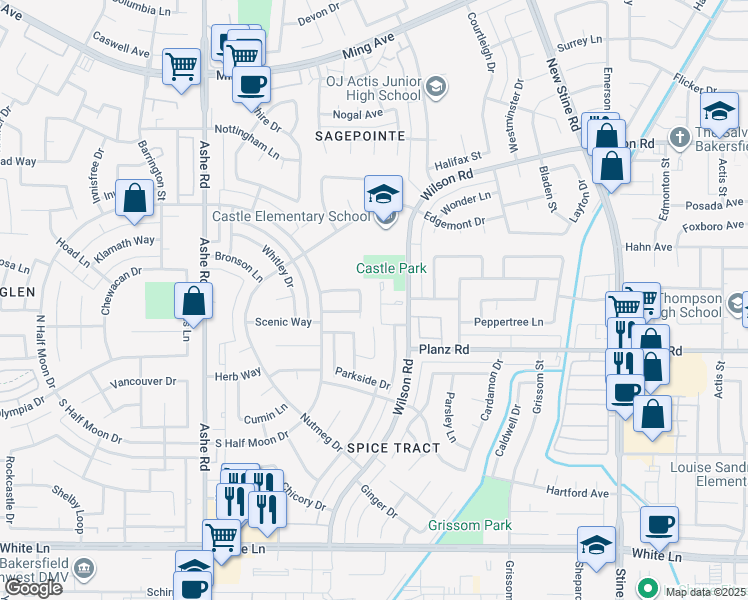 map of restaurants, bars, coffee shops, grocery stores, and more near 3020 Verdant Court in Bakersfield