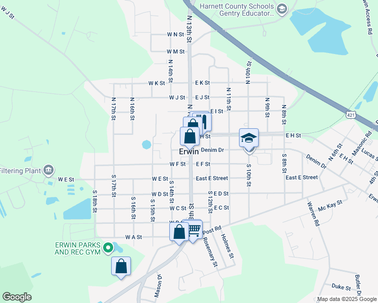 map of restaurants, bars, coffee shops, grocery stores, and more near in Erwin