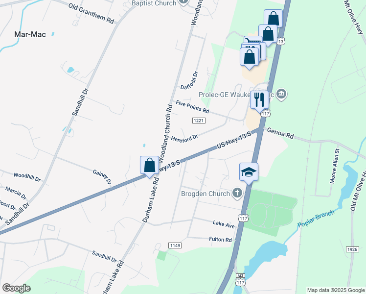 map of restaurants, bars, coffee shops, grocery stores, and more near 134 Hereford Drive in Mar-Mac