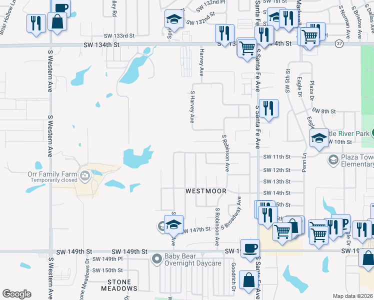 map of restaurants, bars, coffee shops, grocery stores, and more near 14200 Harli Lane in Oklahoma City