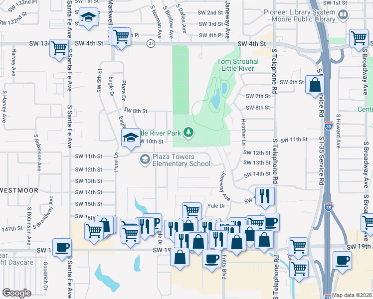 map of restaurants, bars, coffee shops, grocery stores, and more near 717 Southwest 11th Street in Moore