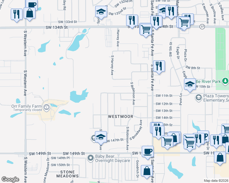 map of restaurants, bars, coffee shops, grocery stores, and more near 301 Southwest 141st Street in Oklahoma City