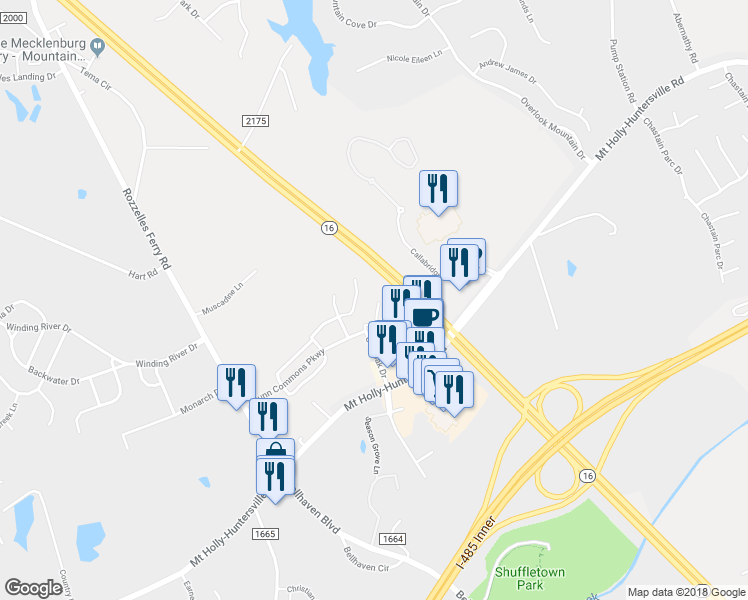 map of restaurants, bars, coffee shops, grocery stores, and more near 3575 Creeping Flora Lane in Charlotte