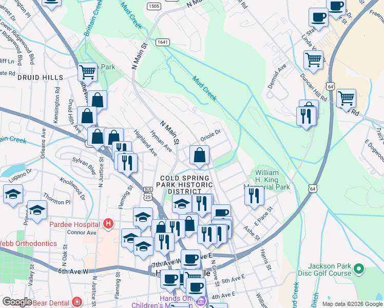 map of restaurants, bars, coffee shops, grocery stores, and more near 628 Edgewood Avenue in Hendersonville