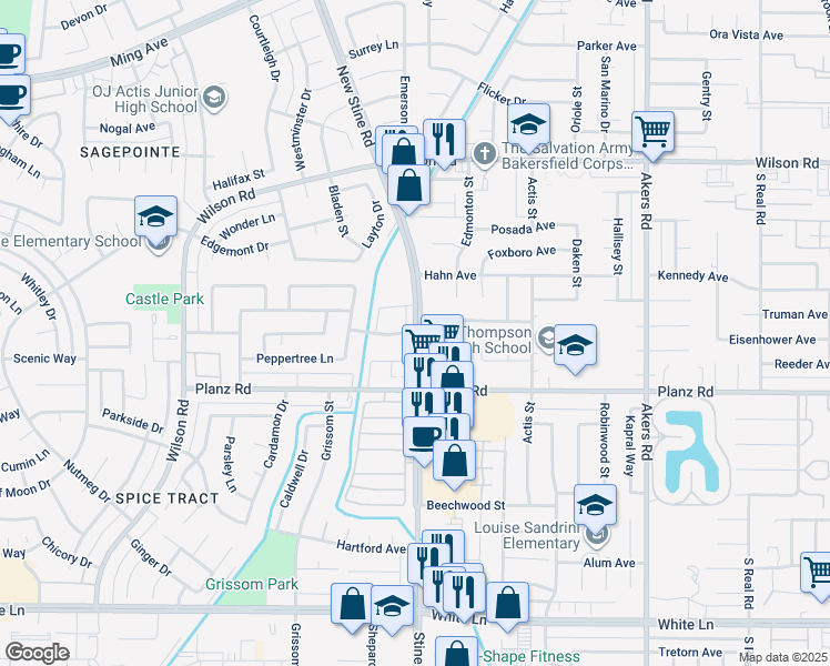 map of restaurants, bars, coffee shops, grocery stores, and more near Stine Road & Appleblossom Drive in Bakersfield