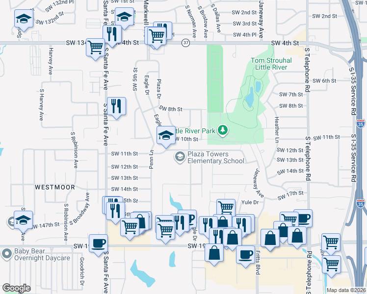 map of restaurants, bars, coffee shops, grocery stores, and more near 837 Southwest 11th Street in Moore