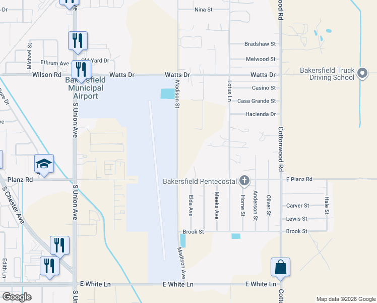 map of restaurants, bars, coffee shops, grocery stores, and more near 900 East Planz Road in Bakersfield