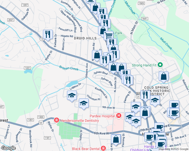 map of restaurants, bars, coffee shops, grocery stores, and more near 509 Buena Vista Lane in Hendersonville