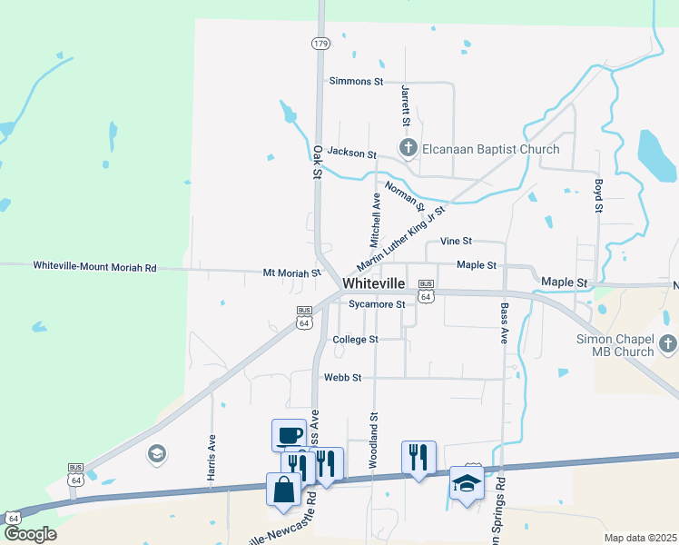 map of restaurants, bars, coffee shops, grocery stores, and more near 105 Martin Luther King Junior Street in Whiteville
