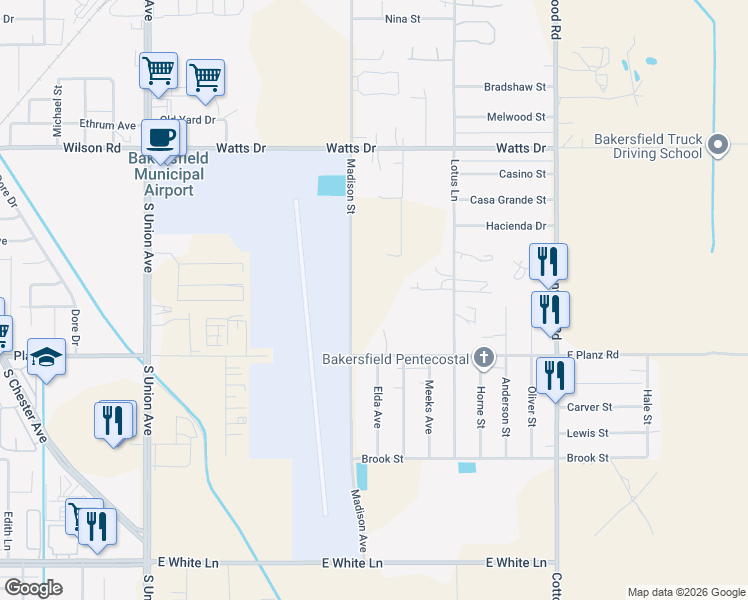 map of restaurants, bars, coffee shops, grocery stores, and more near 900 East Planz Road in Bakersfield