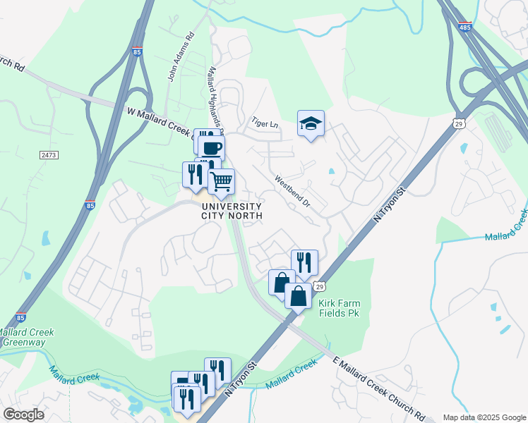 map of restaurants, bars, coffee shops, grocery stores, and more near 655 West Mallard Creek Church Road in Charlotte
