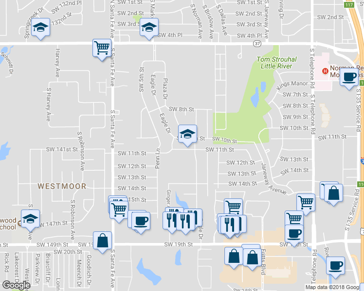 map of restaurants, bars, coffee shops, grocery stores, and more near 849 Southwest 11th Street in Oklahoma City