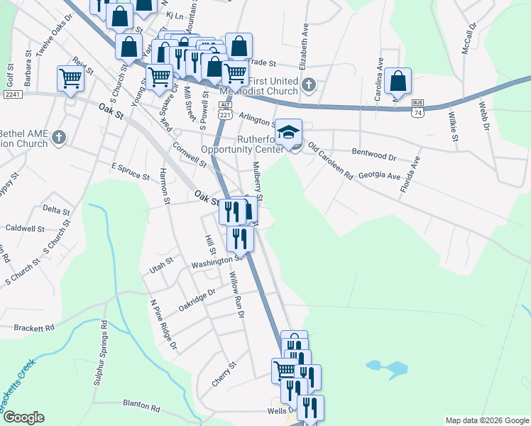 map of restaurants, bars, coffee shops, grocery stores, and more near 125 Lark Lane in Forest City