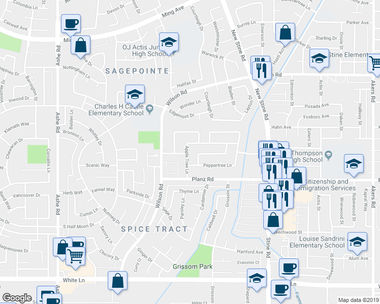 map of restaurants, bars, coffee shops, grocery stores, and more near 5609 Appletree Lane in Bakersfield