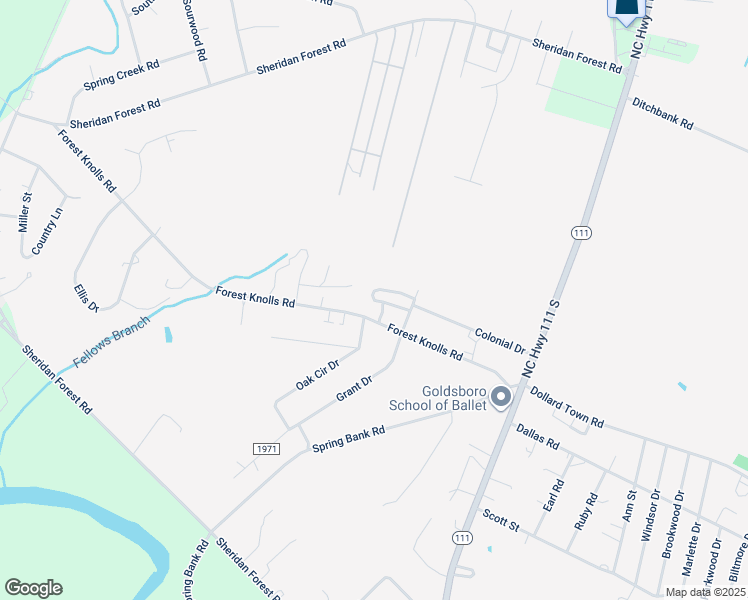 map of restaurants, bars, coffee shops, grocery stores, and more near 105 Colonial Court in Goldsboro