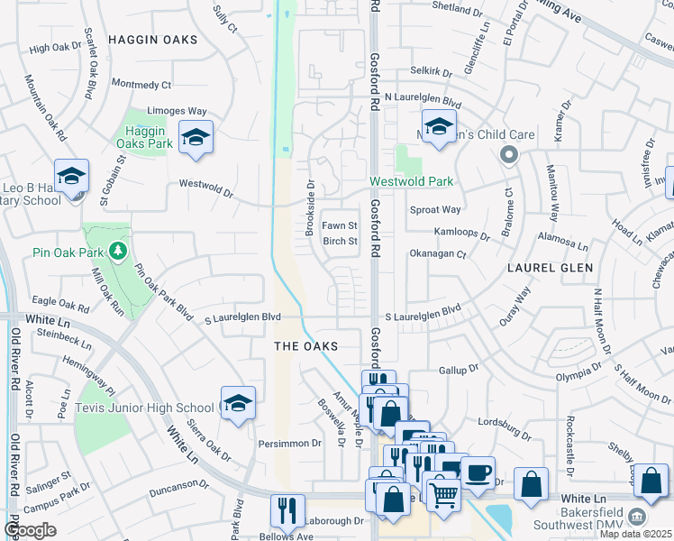 map of restaurants, bars, coffee shops, grocery stores, and more near 3102 Brookside Drive in Bakersfield
