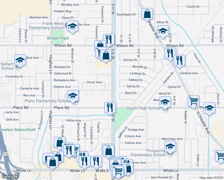 map of restaurants, bars, coffee shops, grocery stores, and more near South H Street & Lacey Street in Bakersfield