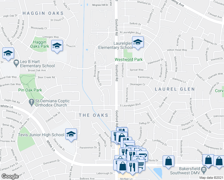 map of restaurants, bars, coffee shops, grocery stores, and more near 3116 Gosford Road in Bakersfield