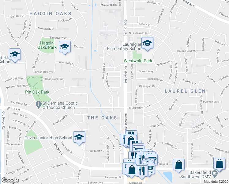 map of restaurants, bars, coffee shops, grocery stores, and more near 3106 Brookside Drive in Bakersfield