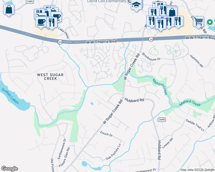 map of restaurants, bars, coffee shops, grocery stores, and more near 8434 Blue Aster Lane in Charlotte