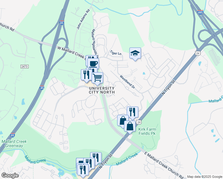 map of restaurants, bars, coffee shops, grocery stores, and more near 655 West Mallard Creek Church Road in Charlotte