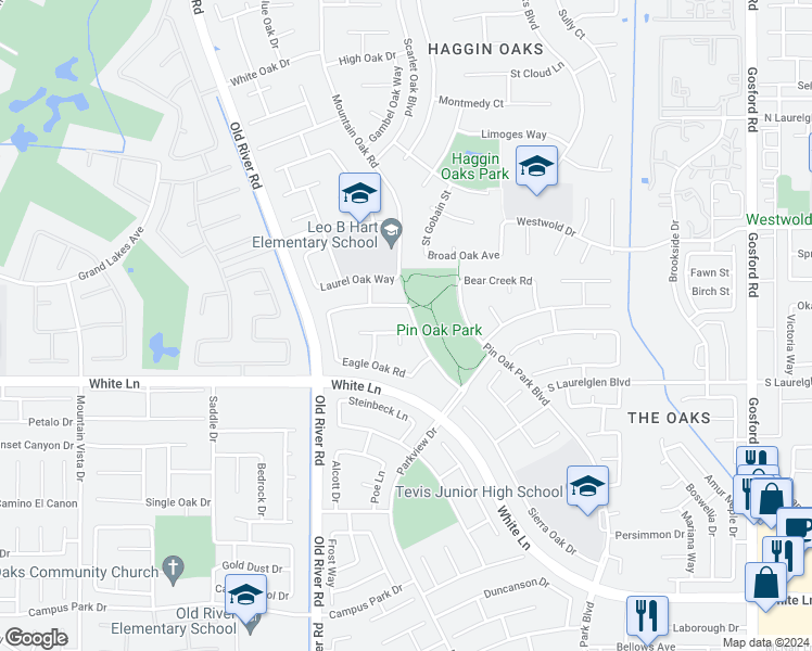 map of restaurants, bars, coffee shops, grocery stores, and more near 9400 Huntsman Oak Court in Bakersfield