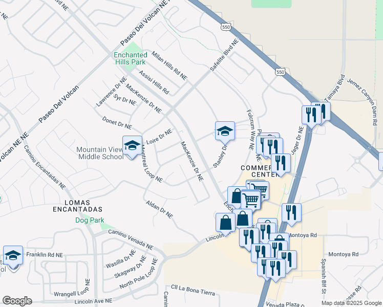 map of restaurants, bars, coffee shops, grocery stores, and more near 7501 Mackenzie Drive Northeast in Rio Rancho