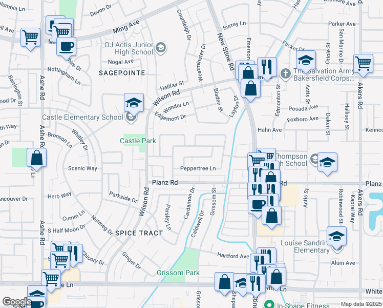 map of restaurants, bars, coffee shops, grocery stores, and more near 5412 New Grove Avenue in Bakersfield